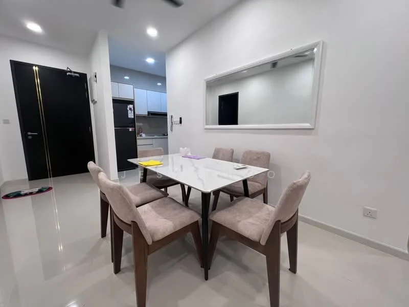 Dining features: white dining table, 6-seater dining table, upholstered dining chairs in beige, mirror on wall, white painted walls, polished tile flooring, recessed downlights, open kitchen view, black door, kitchen appliances visible in background; style: modern.
