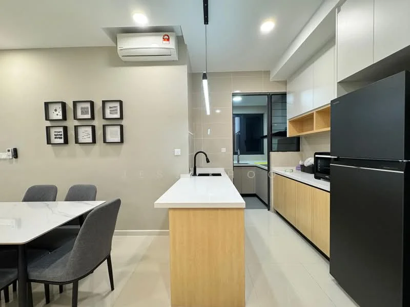Kitchen features: white cabinetry, wooden cabinetry, marble countertop, single-bowl stainless-steel sink, chrome pull-down faucet, built-in microwave, black refrigerator, 4-burner gas hob, exposed ceiling lights, wall-mounted split AC, grey upholstered dining chairs, 6-seater dining table, tile flooring, neutral painted walls; style: modern.