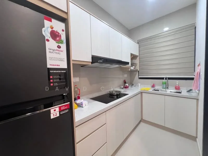 Kitchen features: white cabinetry, black countertop, stainless-steel sink, chrome pull-down faucet, built-in oven, 4-burner gas hob, stainless-steel fridge, wall-mounted range hood, tile backsplash, under-cabinet lighting, window with blinds, kitchen utensils on countertop, dish soap and sponge on countertop; style: modern.