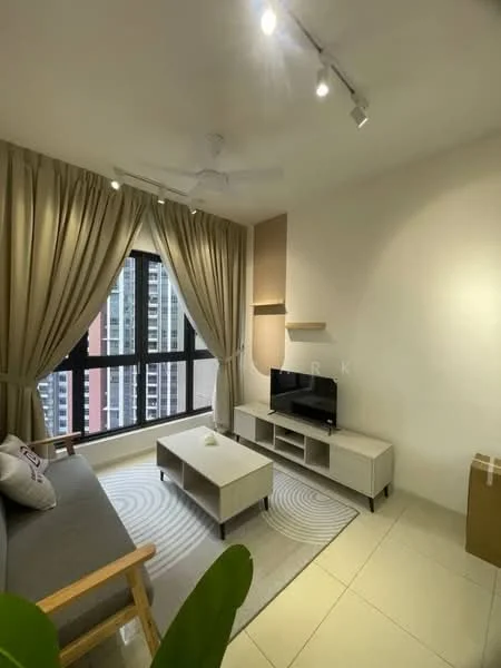Living features: grey fabric sofa, wooden armchair, coffee table, TV console, wall-mounted TV, area rug with circular pattern, floor-to-ceiling windows, sheer curtains, recessed downlights, ceiling fan, light-colored walls, tile flooring; style: modern; view: city.