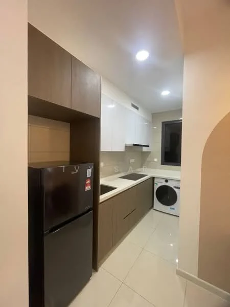Kitchen features: white upper cabinets, brown lower cabinets, single-bowl stainless-steel sink, chrome pull-down faucet, built-in oven, stainless-steel fridge, front-load washing machine, ceramic tile flooring, recessed LED downlights, window with view, neutral wall color, countertop with backsplash; style: modern.