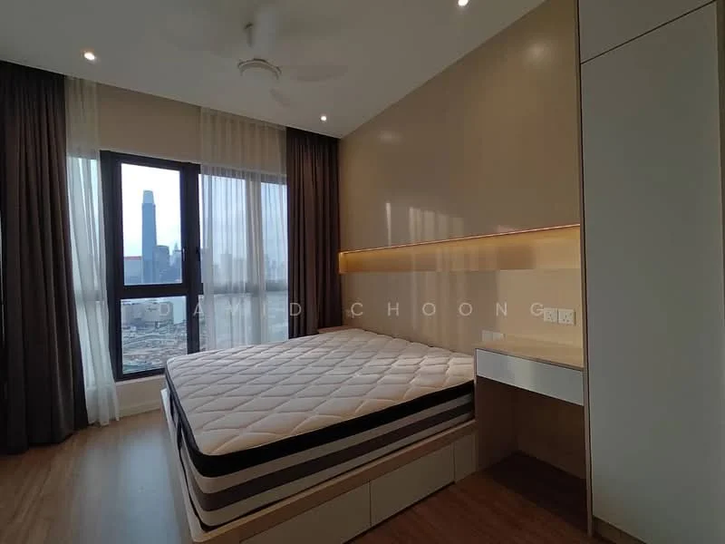 Bedroom features: queen-size bed, wooden flooring, floor-to-ceiling windows, city skyline view, built-in wardrobe, wall-mounted bedside table, recessed lighting, curtains, ceiling fan; style: modern; view: city.