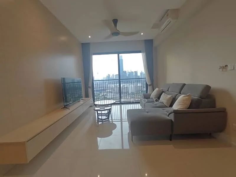 Living features: 3-seater fabric sofa in grey, coffee table, wall-mounted TV, TV console, floor-to-ceiling windows, city skyline view, recessed downlights, ceiling fan, white painted walls, glossy tile flooring, curtains, air conditioning unit; style: modern; view: city.