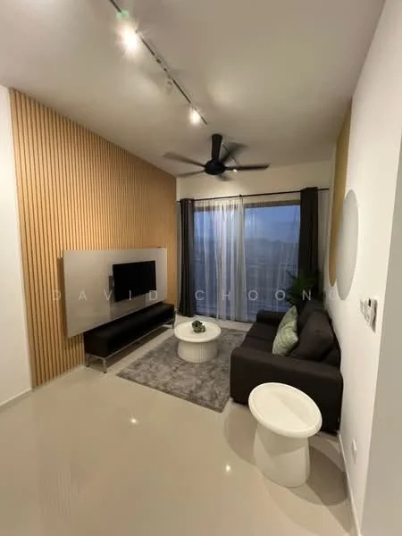 Living features: 3-seater fabric sofa in dark grey, white round side table, area rug with geometric pattern, wall-mounted TV, TV console in black, floor-to-ceiling windows with sheer curtains, blackout curtains, ceiling fan with light, wood accent wall, recessed lighting, decorative plant in corner; style: modern.
