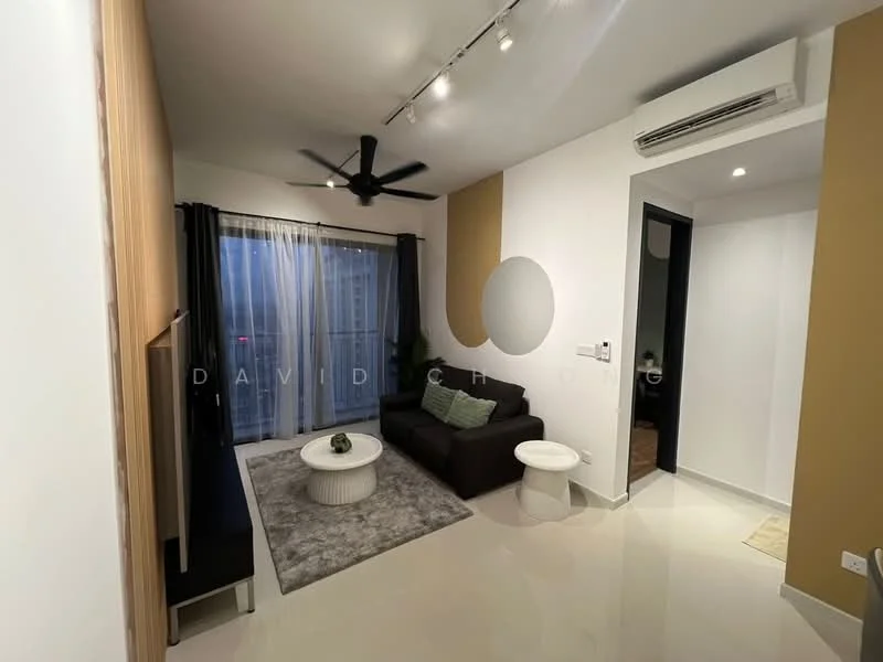 Living features: 3-seater fabric sofa in dark brown, round coffee table, area rug with geometric pattern, floor-to-ceiling windows, blackout curtains, 5-blade ceiling fan with light, wall-mounted TV, TV console, white walls, cream accent wall, recessed downlights, air conditioning unit; style: modern; view: city.