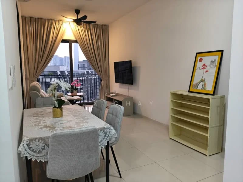 Living features: 3-seater fabric sofa in light grey, coffee table, wall-mounted TV, floor-to-ceiling windows, curtains, ceiling fan with light, decorative painting, dining table with 4 upholstered chairs, open shelving unit, tile flooring; style: modern; view: city.