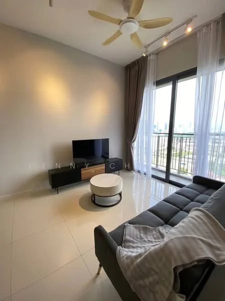 Living features: 3-seater fabric sofa in grey, coffee table with circular top, wall-mounted TV, floor-to-ceiling windows, sheer curtains, light grey painted walls, white tiled flooring, 5-blade ceiling fan with light, decorative throw blanket; style: modern; view: city.