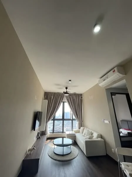 Living features: light brown painted walls, dark wood flooring, 5-blade ceiling fan with light, recessed LED downlights, floor-to-ceiling windows, sheer curtains, white fabric sofa, round glass coffee table, wall-mounted TV, TV console, decorative wall art; style: modern; view: city.