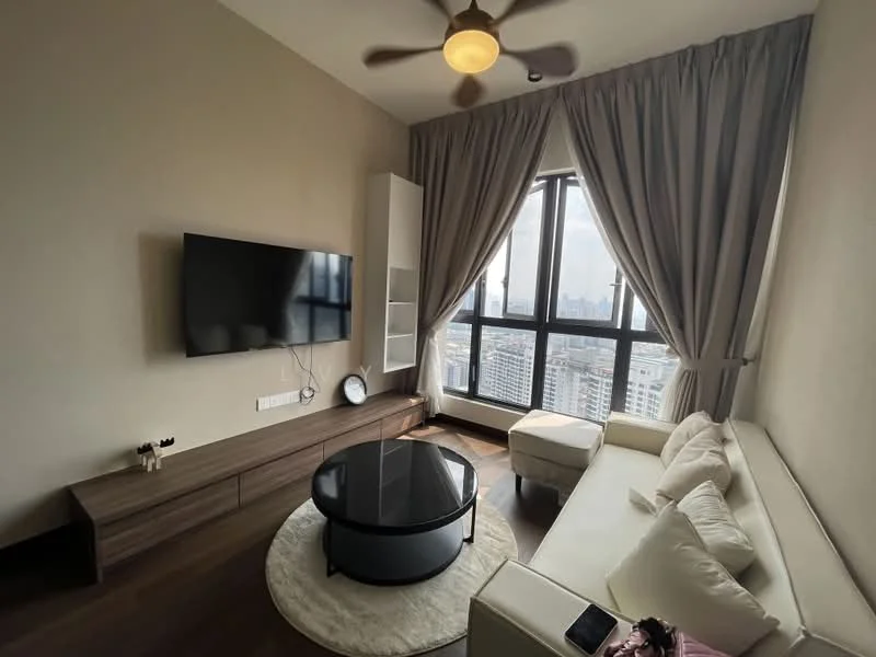 Living features: 3-seater fabric sofa in white, coffee table with round glass top, wooden TV console, wall-mounted flat-screen TV, floor-to-ceiling windows, sheer curtains, ceiling fan with light, area rug with circular shape, decorative wall clock; style: modern; view: city.