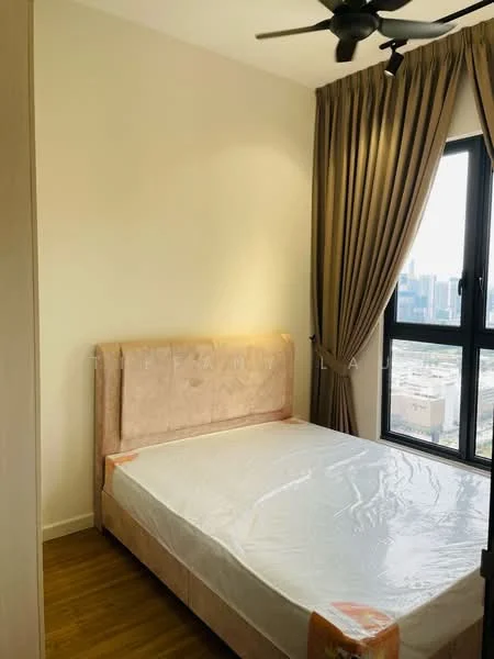 Bedroom features: queen-size bed, upholstered headboard, floor-to-ceiling windows, curtains in beige, wooden flooring, ceiling fan, neutral painted walls; style: modern; view: city.