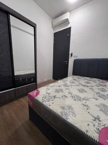 Bedroom features: queen-size bed, upholstered headboard, wooden flooring, white painted walls, built-in wardrobe with mirrored doors, air conditioning unit, nightstand, decorative bedding; style: modern.