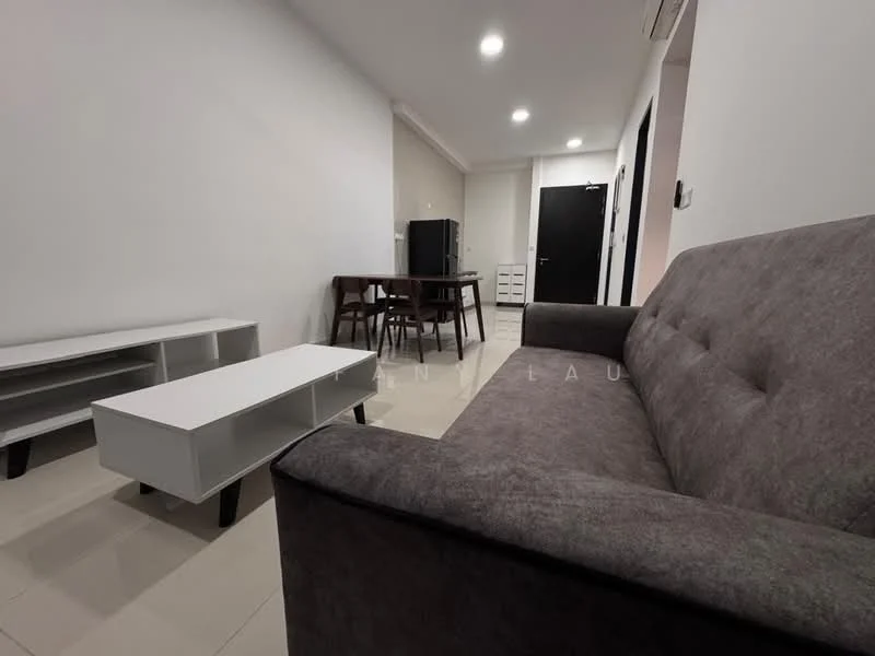 Living features: grey fabric sofa, white coffee table, white TV console, dining table with four chairs, recessed LED downlights, cream tiled flooring, white painted walls, black door, black refrigerator, built-in cabinets; style: modern.