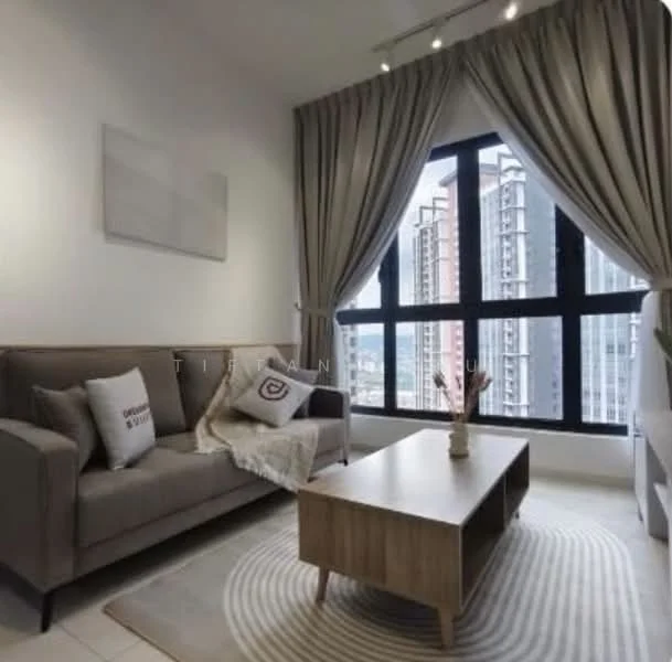 Living features: 3-seater fabric sofa in grey, decorative cushions, wood coffee table, area rug with circular pattern, floor-to-ceiling windows, sheer curtains, city view, wall-mounted artwork, recessed ceiling lights; style: modern; view: city.
