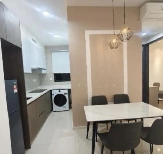 Kitchen features: white cabinetry, dark wood cabinetry, stainless-steel fridge, built-in oven, ceramic cooktop, single-bowl stainless-steel sink, chrome pull-down faucet, white tiled backsplash, recessed downlights, washing machine, dining table with four chairs, pendant lighting; style: modern.