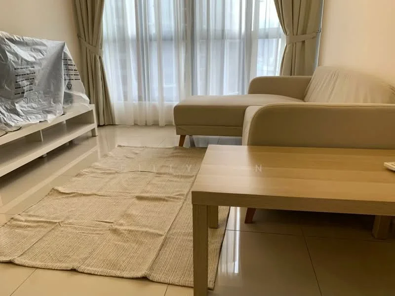Living features: beige fabric sofa, wooden coffee table, area rug with natural texture, white TV console, floor-to-ceiling windows, sheer curtains, glossy tile flooring, neutral wall color; style: modern.