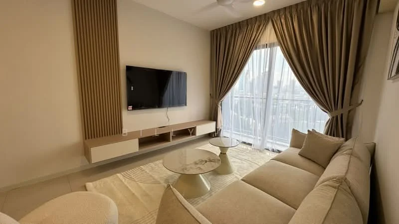 Living features: beige fabric sofa, 2 coffee tables with round glass tops, wall-mounted TV, TV console with storage, floor-to-ceiling windows, sheer curtains, drapes, light-colored area rug, ceiling fan, neutral painted walls, recessed lighting; style: modern; view: city.