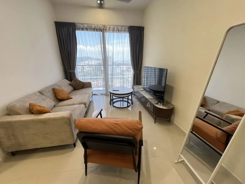 Living features: 3-seater fabric sofa in beige, 2 accent cushions in orange, coffee table with circular glass top, TV console in dark wood, wall-mounted flat-screen TV, floor-to-ceiling windows with sheer curtains, mirror on floor, light grey tiled flooring, ceiling fan with light, decorative wall art, area rug with geometric pattern; style: modern; view: city.