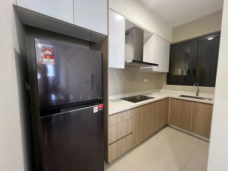 Kitchen features: stainless-steel fridge, built-in oven, stainless-steel range hood, single-bowl stainless-steel sink, chrome pull-down faucet, laminate cabinetry in light wood, white upper cabinets, quartz countertop, ceramic tile flooring, recessed downlights, window with black frame; style: modern.