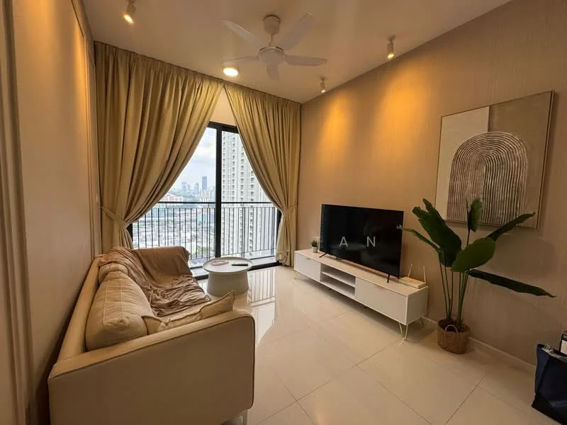 Living features: cream painted walls, white tiled flooring, 5-blade ceiling fan with light, floor-to-ceiling windows, sheer curtains, beige fabric sofa, white coffee table, white TV console, wall-mounted TV, decorative plant in pot, framed artwork on wall; style: modern; view: city.