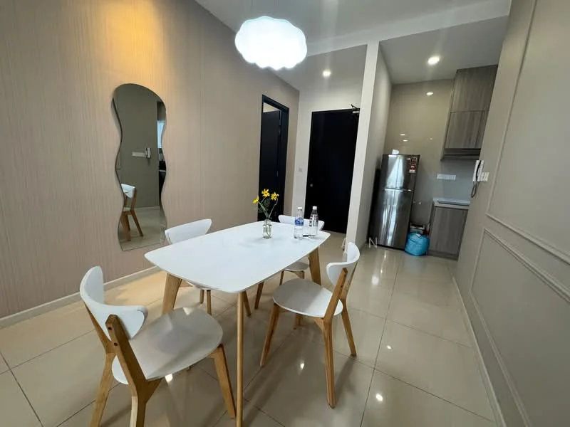 Dining features: white dining table, 4 wooden dining chairs, mirror with curved edges, pendant light fixture, cream painted walls, glossy tile flooring, refrigerator, kitchen cabinetry, water bottles on the table, flower vase with flowers; style: modern. Kitchen features: grey cabinetry, stainless-steel refrigerator, countertop, kitchen appliances, unknown features; style: modern.