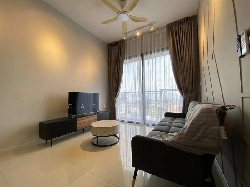 Living features: 3-seater fabric sofa in grey, coffee table with round top, TV console in dark wood with drawers, wall-mounted flat-screen TV, floor-to-ceiling windows, sheer curtains, ceiling fan with light, recessed downlights, glossy tile flooring, decorative wall paneling, city view; style: modern; view: city.