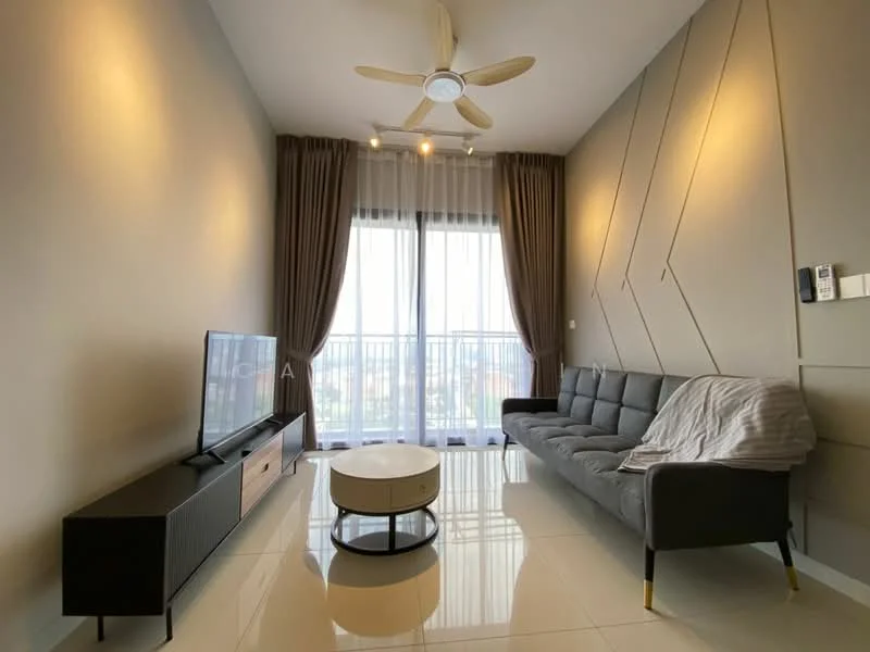 Living features: 3-seater fabric sofa in grey, coffee table with gold accents, wall-mounted TV, TV console in black and wood, floor-to-ceiling windows, sheer curtains, recessed LED downlights, ceiling fan with light, cream painted walls, glossy tile flooring, decorative wall paneling; style: modern; view: city.