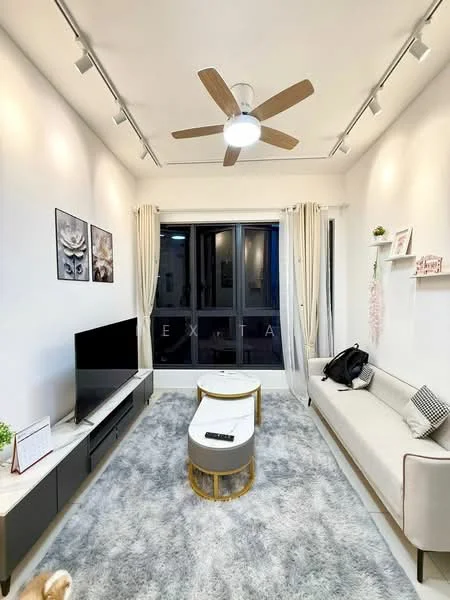 Living features: 3-seater fabric sofa in beige, coffee table with round top, TV console with storage, wall-mounted TV, area rug with plush texture, 5-blade ceiling fan with integrated LED light, floor-to-ceiling windows, sheer curtains, decorative wall shelves, framed artwork, wall-mounted lighting, light-colored walls, recessed downlights; style: modern.