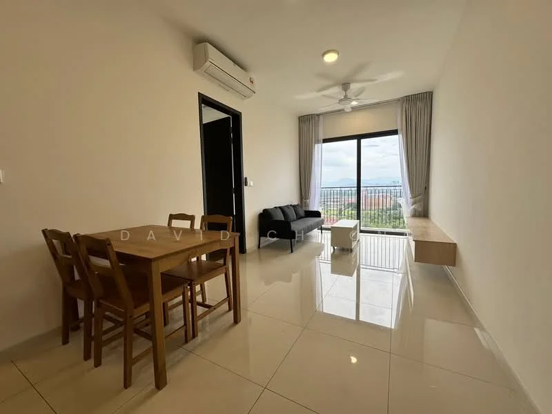 Living features: floor-to-ceiling windows, sliding glass door, white painted walls, polished ceramic tile flooring, 5-blade ceiling fan with light, sofa in black, wooden coffee table, TV console, dining table with 4 wooden chairs, curtains, wall-mounted air conditioning unit; style: modern; view: city.