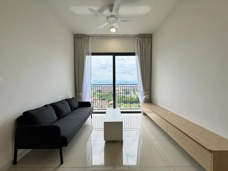 Living features: 3-seater fabric sofa in black, white coffee table, TV console in light wood, floor-to-ceiling windows, sheer curtains, ceiling fan with light, glossy tile flooring, mountain view; style: modern; view: mountain.