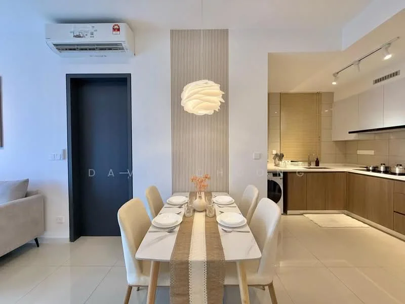 Dining features: 6-seater dining table, white dining chairs, table runner, decorative vase with flowers, recessed downlights, wall-mounted air conditioning unit, cream tiled flooring, feature wall with vertical slats; style: modern. Living features: light grey fabric sofa, wall-mounted TV, decorative wall art, open layout, neutral color palette; style: modern. Kitchen features: wood cabinetry, stainless-steel appliances, ceramic tile backsplash, built-in oven, cooktop, washing machine, countertop, under-cabinet lighting; style: modern.