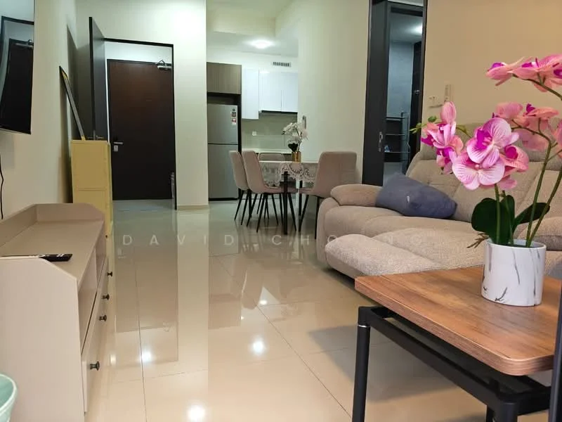 Living features: light grey fabric sofa, wood coffee table, TV console, wall-mounted TV, decorative plant in ceramic pot, dining table with four chairs, glossy tile flooring, neutral painted walls, recessed lighting, open layout to kitchen, floor-to-ceiling windows, decorative vase with flowers; style: modern. Kitchen features: white cabinetry, stainless-steel sink, built-in oven, stove with hood, countertop with backsplash, refrigerator, open layout to living area; style: modern.