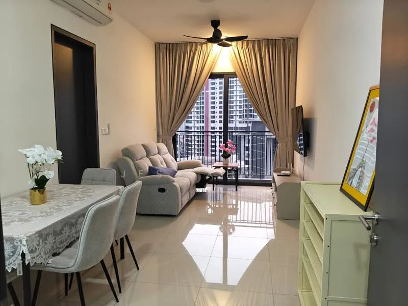Living features: 3-seater fabric sofa in light grey, coffee table, wall-mounted TV, floor-to-ceiling windows, sheer curtains, 5-blade ceiling fan with light, glossy tile flooring, decorative wall art; style: modern; view: city. Dining features: 6-seater dining table with lace tablecloth, upholstered dining chairs, sideboard cabinet, decorative flower arrangement; style: modern.