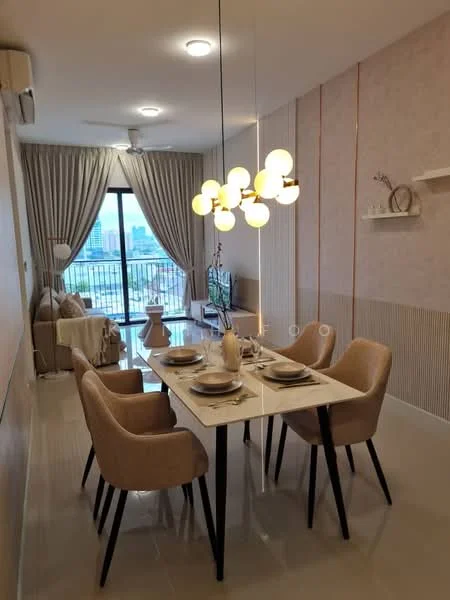 Dining features: 6-seater dining table, beige upholstered dining chairs, pendant light with multiple bulbs, floor-to-ceiling windows, curtains, light-colored walls with textured finish, polished tile flooring, TV console, wall-mounted TV, decorative shelf, sofa in the background, area rug; style: modern; view: city.