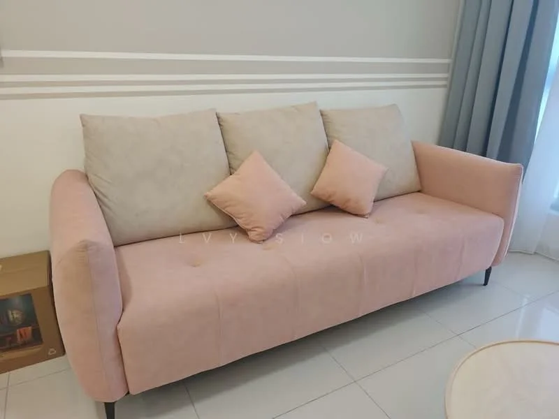 Living features: 3-seater fabric sofa in pink and beige, two square cushions in matching pink, light grey wall with white stripes, white tiled flooring, floor-to-ceiling window with sheer curtains, round coffee table, decorative wall art, neutral-colored wall; style: modern.