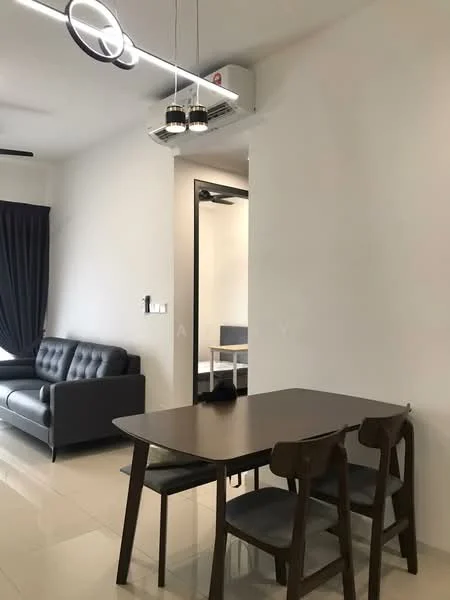 Dining features: dark wooden dining table, 4 dining chairs with grey upholstery, wall-mounted split AC, grey fabric sofa, white painted walls, recessed LED downlights, black pendant lights, glossy tile flooring; style: modern.