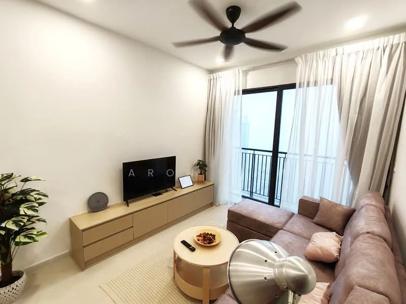 Living features: 3-seater fabric sofa in light brown, coffee table, TV console, wall-mounted TV, floor-to-ceiling windows, sheer curtains, ceiling fan with light, decorative plant in pot, light-colored walls, light-colored flooring, area rug; style: modern; view: city.