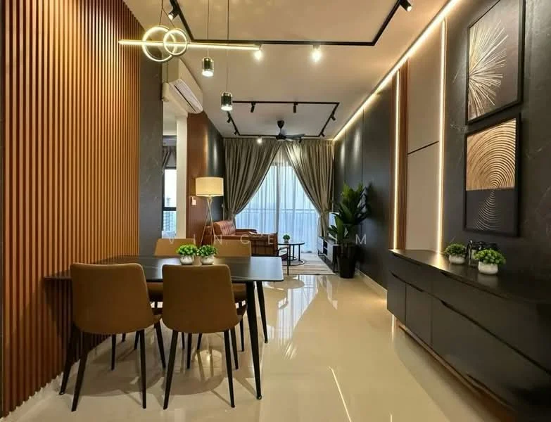 Dining features: dining table with 4 chairs, wooden dining table, brown upholstered dining chairs, recessed ceiling lights, decorative wall paneling, floor-to-ceiling windows with sheer curtains, plant in ceramic pot, polished tile flooring, wall-mounted artwork, sofa in background, light fixture with circular design; style: modern; view: city.