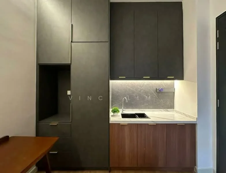 Kitchen features: dark grey cabinetry, wooden lower cabinets, white marble countertop, single-bowl stainless-steel sink, chrome pull-down faucet, tile backsplash, built-in storage unit, under-cabinet lighting, open shelving, kitchen island, recessed downlights; style: modern.