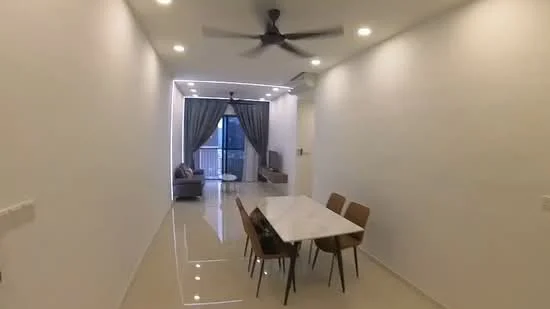 Dining features: marble dining table, 4 wooden dining chairs, white painted walls, glossy tile flooring, 5-blade ceiling fan, recessed downlights, curtains, floor-to-ceiling windows, balcony view; style: modern; view: city. Living features: sofa, TV console, wall-mounted TV; style: modern; view: city.