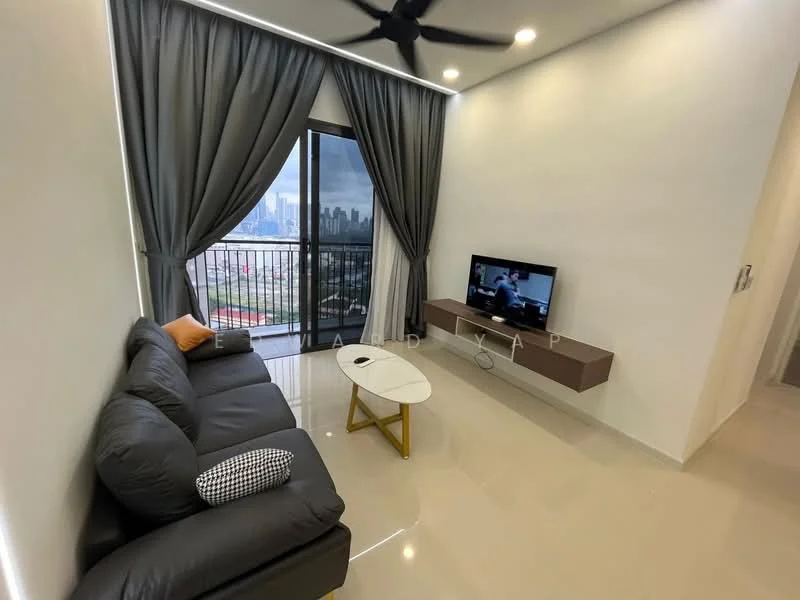 Living features: 3-seater fabric sofa in grey, coffee table with white top, wall-mounted TV, TV console in wood finish, floor-to-ceiling windows, sliding glass door, sheer curtains, recessed downlights, ceiling fan, polished tile flooring, decorative throw pillow, balcony view; style: modern; view: city.