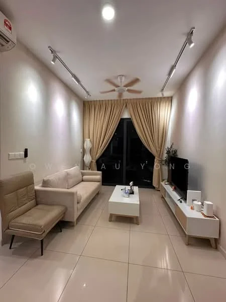Living features: cream painted walls, glossy tile flooring, 5-blade ceiling fan with light, sofa in light beige fabric, coffee table in white, TV console in white, wall-mounted TV, curtains in light beige, floor-to-ceiling windows, decorative figure, air conditioning unit on wall; style: modern.