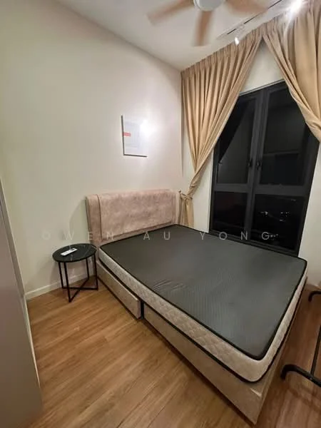 Bedroom features: queen-size bed frame without mattress, wooden flooring, floor-to-ceiling windows, blackout curtains, ceiling fan, decorative wall art, nightstand, light-colored walls; style: modern; view: city.