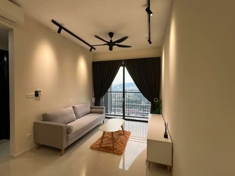 Living features: 3-seater fabric sofa in light grey, area rug with geometric pattern in orange, white TV console, floor-to-ceiling windows, blackout curtains, 5-blade ceiling fan with light, recessed downlights, cream painted walls, glossy tile flooring, city view from window; style: modern; view: city.