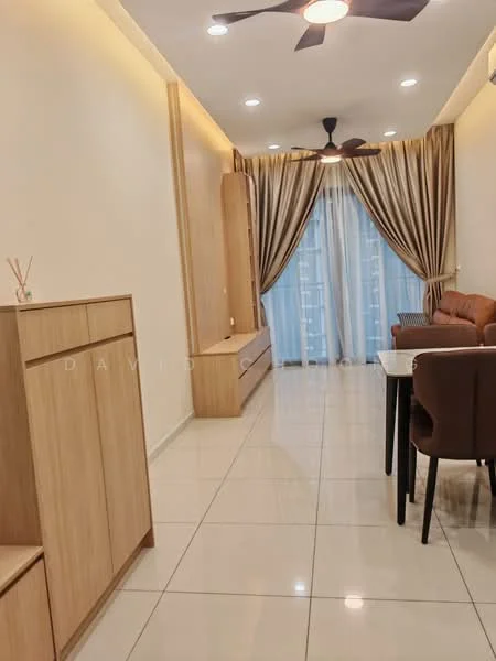 Living features: cream painted walls, glossy tile flooring, 5-blade ceiling fan with light, floor-to-ceiling windows with sheer curtains, wooden TV console, wooden sideboard, brown fabric sofa, dining table with four chairs, decorative wall paneling, recessed lighting, curtains with a patterned design; style: modern.
