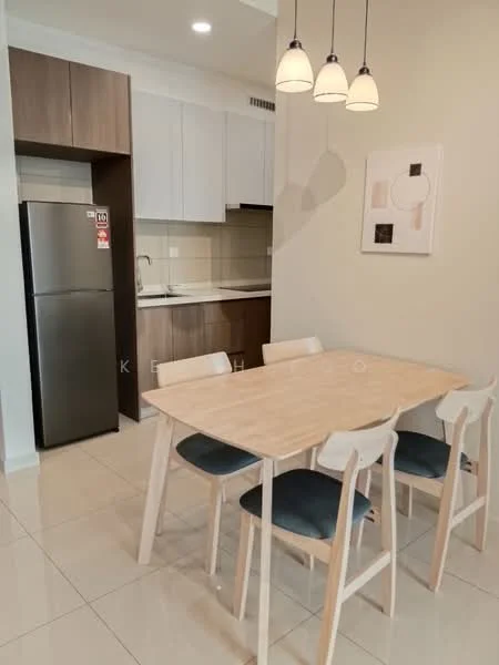 Dining features: 4-seater dining table with light wood finish, white dining chairs with blue cushions, pendant lighting with three bulbs, fridge with stainless-steel finish, light wood cabinetry, white countertop, ceramic tile flooring, neutral wall color; style: modern. Kitchen features: white cabinetry, stainless-steel fridge, ceramic tile backsplash, built-in oven, single-bowl stainless-steel sink, chrome pull-down faucet; style: modern.