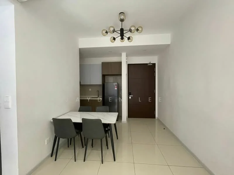 Dining features: 4-seater dining table, grey upholstered dining chairs, white tabletop, pendant light fixture with multiple bulbs, cream painted walls, tile flooring, refrigerator, wooden door, wall-mounted light switch; style: modern.