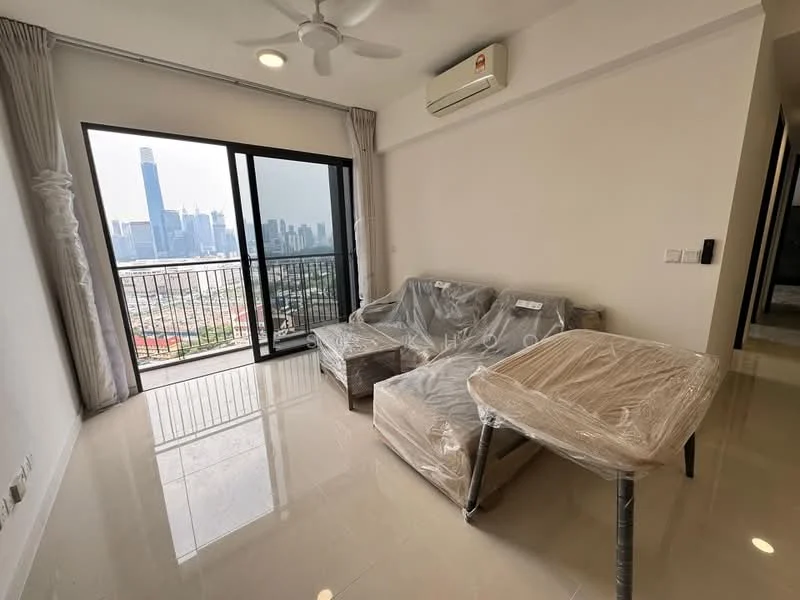 Living features: 3-seater fabric sofa covered in plastic, coffee table covered in plastic, floor-to-ceiling windows, city skyline view, white painted walls, polished tile flooring, 1 wall-mounted split AC, ceiling fan, curtains, balcony access; style: modern; view: city.