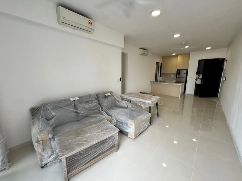Living features: 3-seater fabric sofa in grey, armchair in grey, coffee table, wall-mounted split AC, recessed downlights, glossy tile flooring, white painted walls, ceiling fan; style: modern. Kitchen features: kitchen island, built-in cabinetry, stainless-steel appliances, open layout to living area; style: modern.