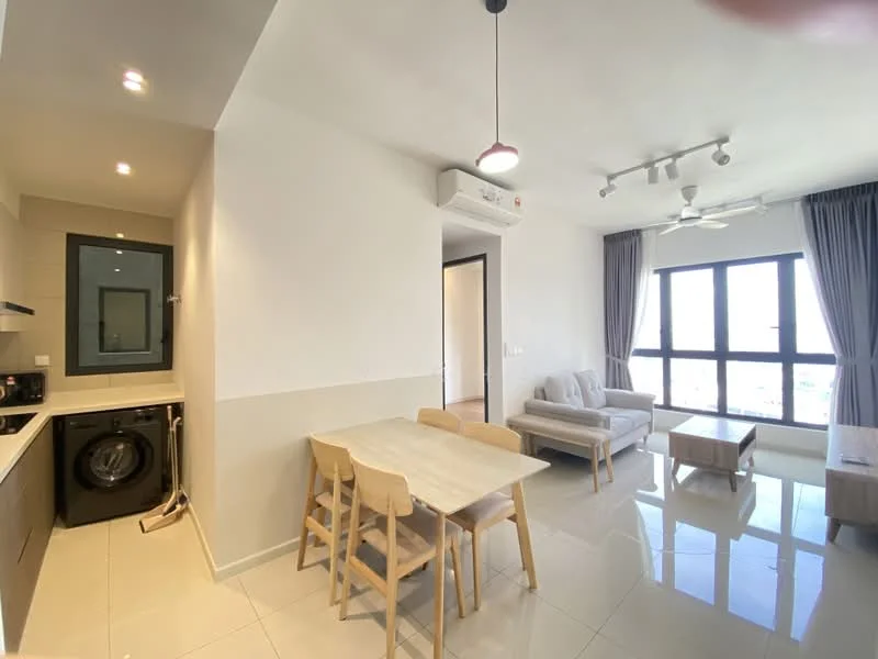 Living features: 3-seater fabric sofa in light grey, wood coffee table, dining table with 4 wooden chairs, floor-to-ceiling windows, white painted walls, recessed downlights, 5-blade ceiling fan, air conditioning unit, glossy tile flooring, curtains, wall-mounted TV, decorative wall art; style: modern; view: city. Kitchen features: black cabinetry, stainless-steel sink, built-in oven, 4-burner gas hob, exhaust hood, washing machine, white tiled backsplash, countertop with overhang; style: modern.