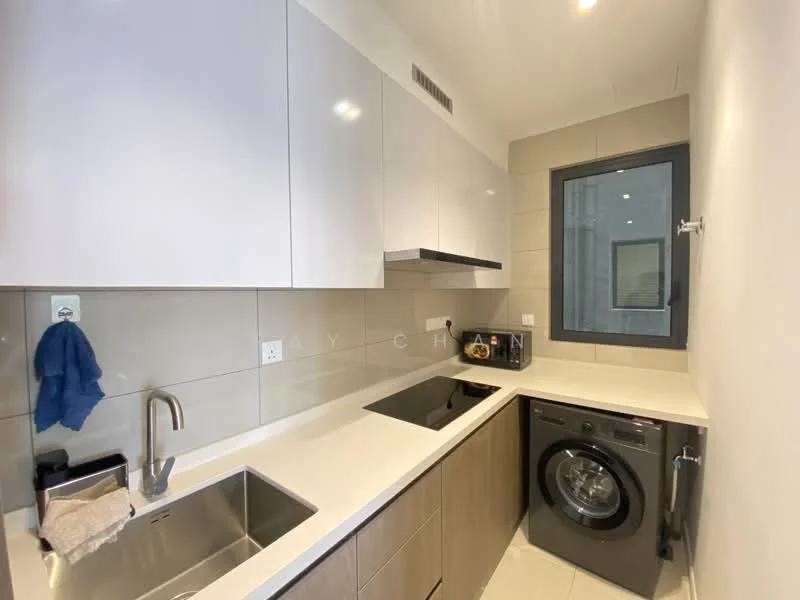 Kitchen features: white cabinetry, grey countertop, stainless-steel single-bowl sink, chrome pull-down faucet, built-in induction hob, built-in oven, front-load washing machine, grey tiled backsplash, window with view, under-cabinet lighting; style: modern.